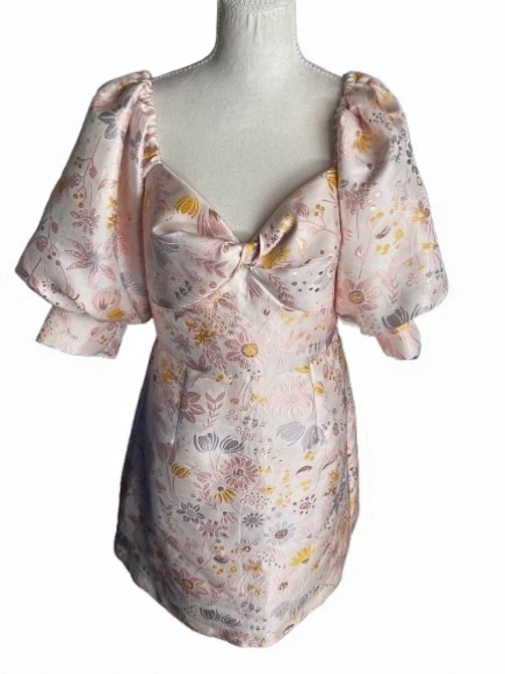 Puffy Sleeved Jacquard Mini Dress HUTCH Floral Shiny Embossed Medium Metallic